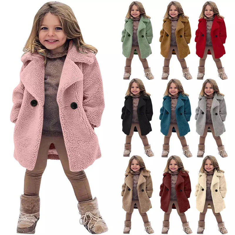 Veste Laine d'Agneau Enfant - Manteau Chaud Hiver Polaire - Boutons Simple Rangée 2-14 Ans