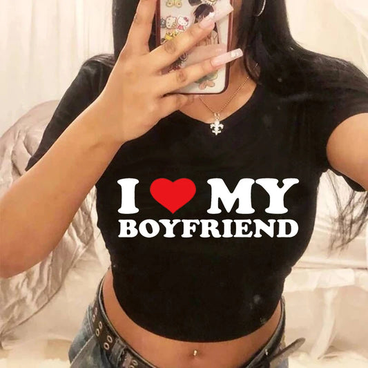 Crop Top Gothic I Love My Boyfriend - T-Shirt Court Femme Fashion Casual Confortable Doux
