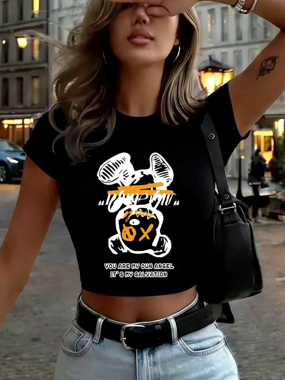 Top Crop Femme You Are My Angel Cartoon Bear - T-Shirt Doux Slim Col Rond Été