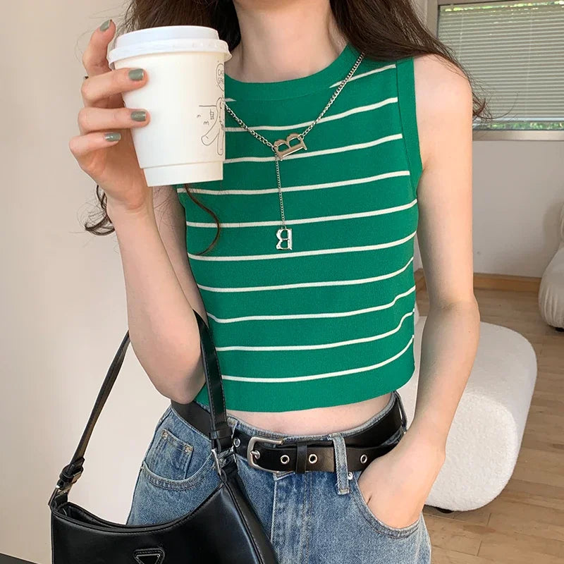 Débardeur Femme Rayé Sans Manches - Top Court Tricot Été Tempérament Élégant