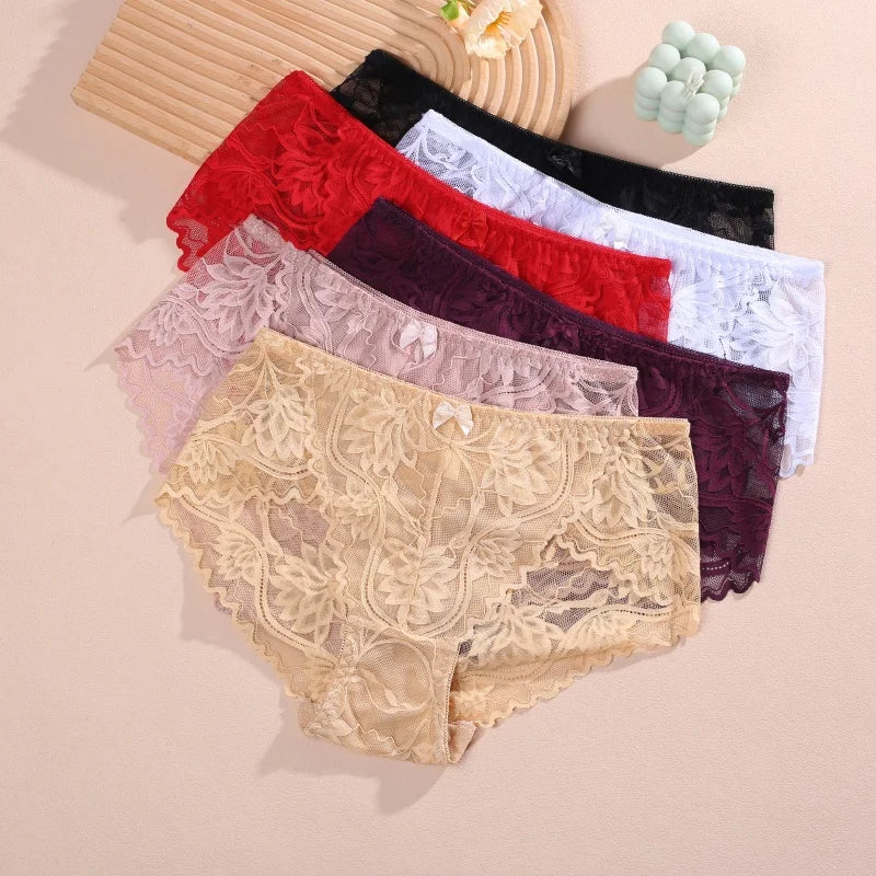 Lot 4 Culottes Femme Dentelle Sexy - String Taille Basse Broderie Florale Respirant Confort