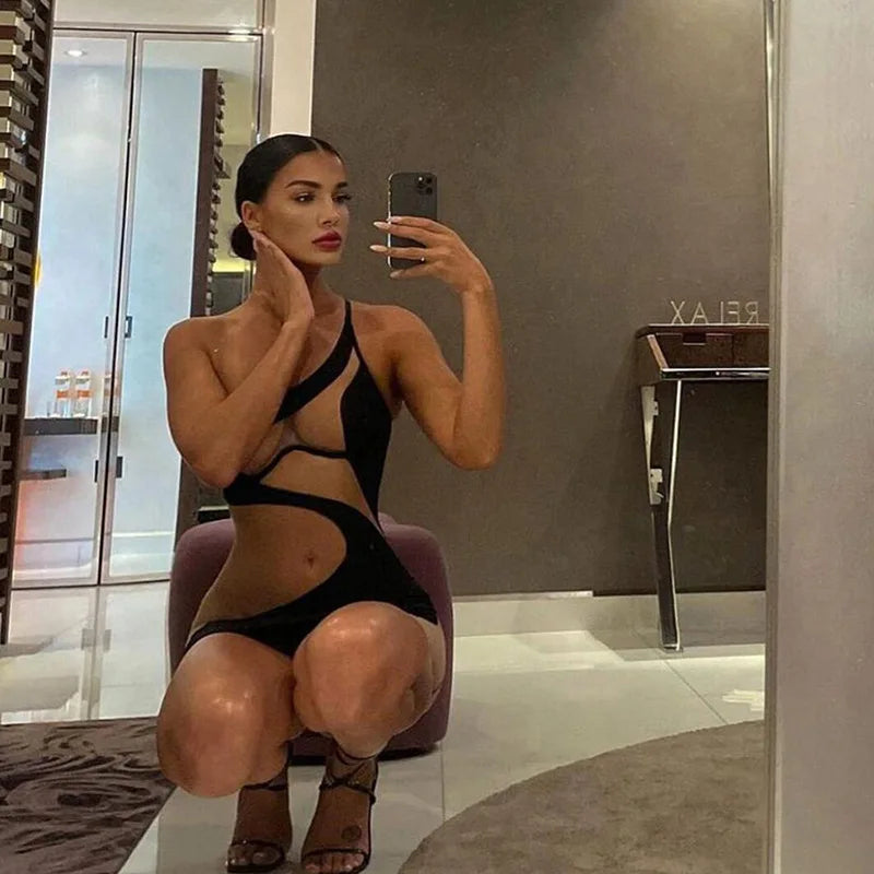 Robe Maille Transparente Femme - Robe Mini Moulante Sexy Épaule Dénudée Club