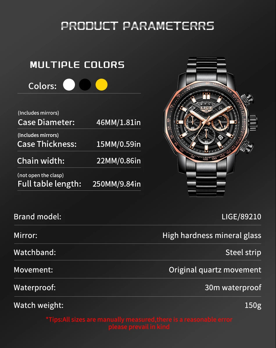 Montre Sport Homme LIGE Chronographe - Acier Inoxydable Waterproof Luxury