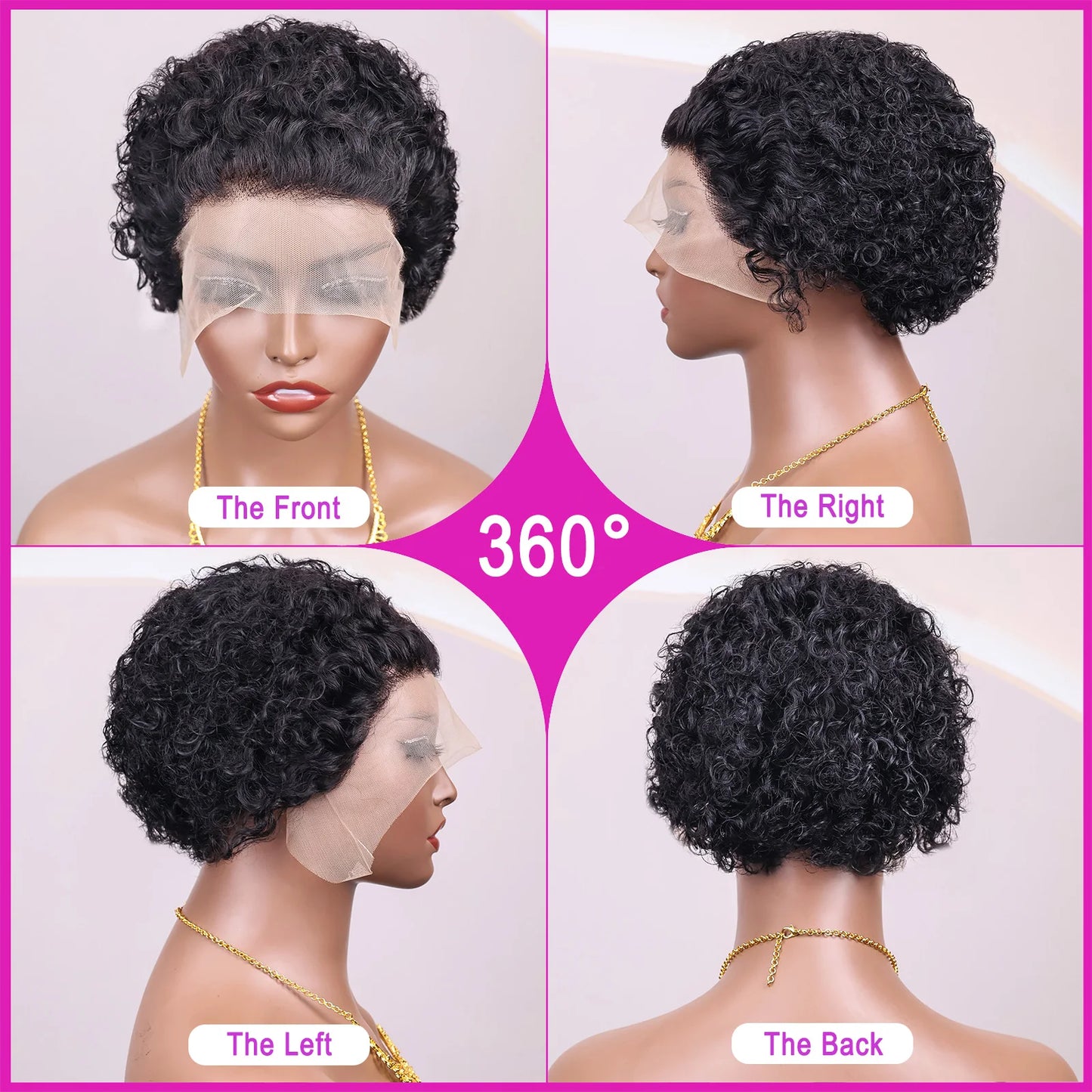 Perruque Cheveux Humains Pixie Cut Courte Bouclée - Lace Front 13x1 Brésilienne Water Wave Bob