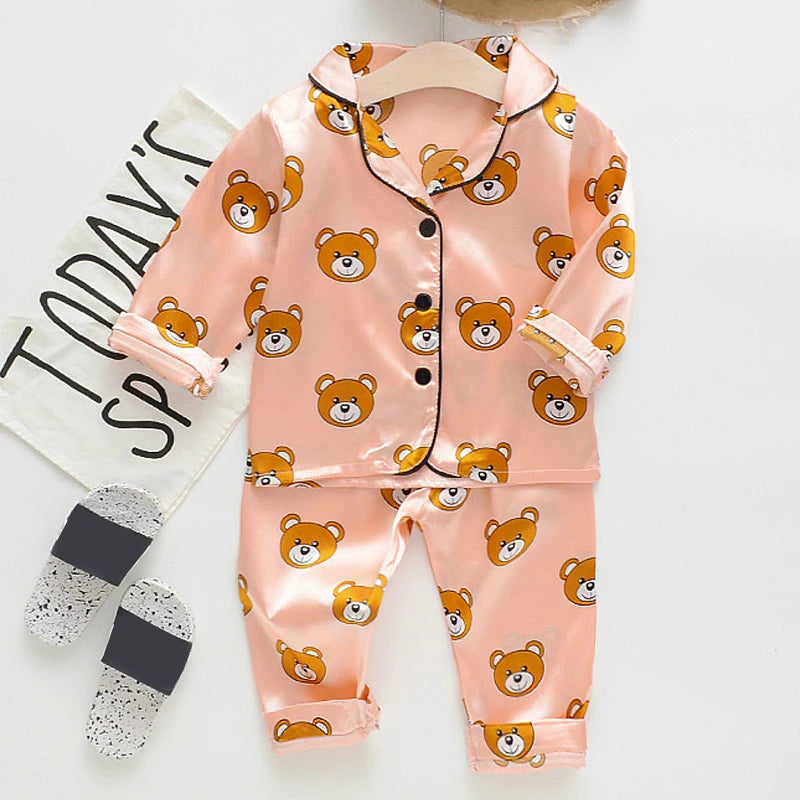 Kids Cartoon Bear Pajama Set - Ice Silk Satin Summer Sleepwear