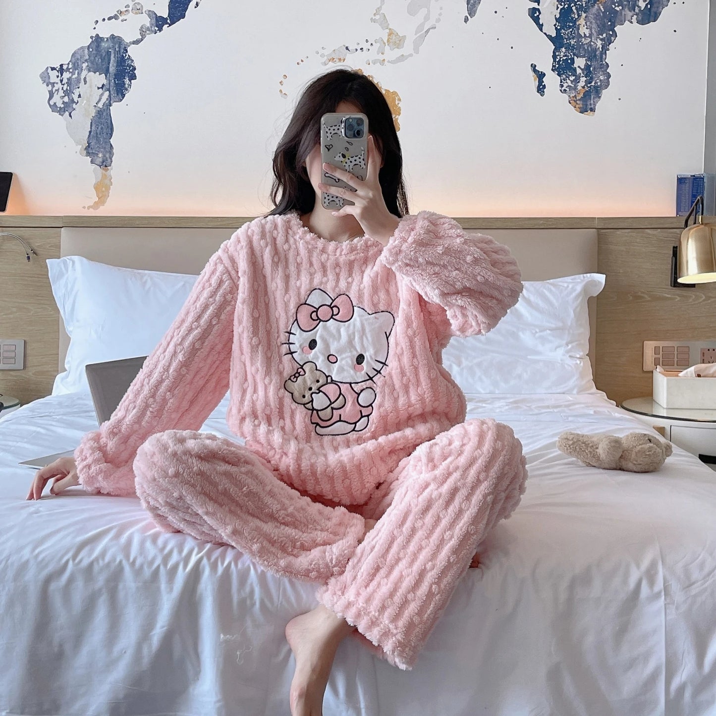 Pyjama Hello Kitty Velours Femme - Flanelle Chaud Automne Hiver Cartoon Cute Cadeau