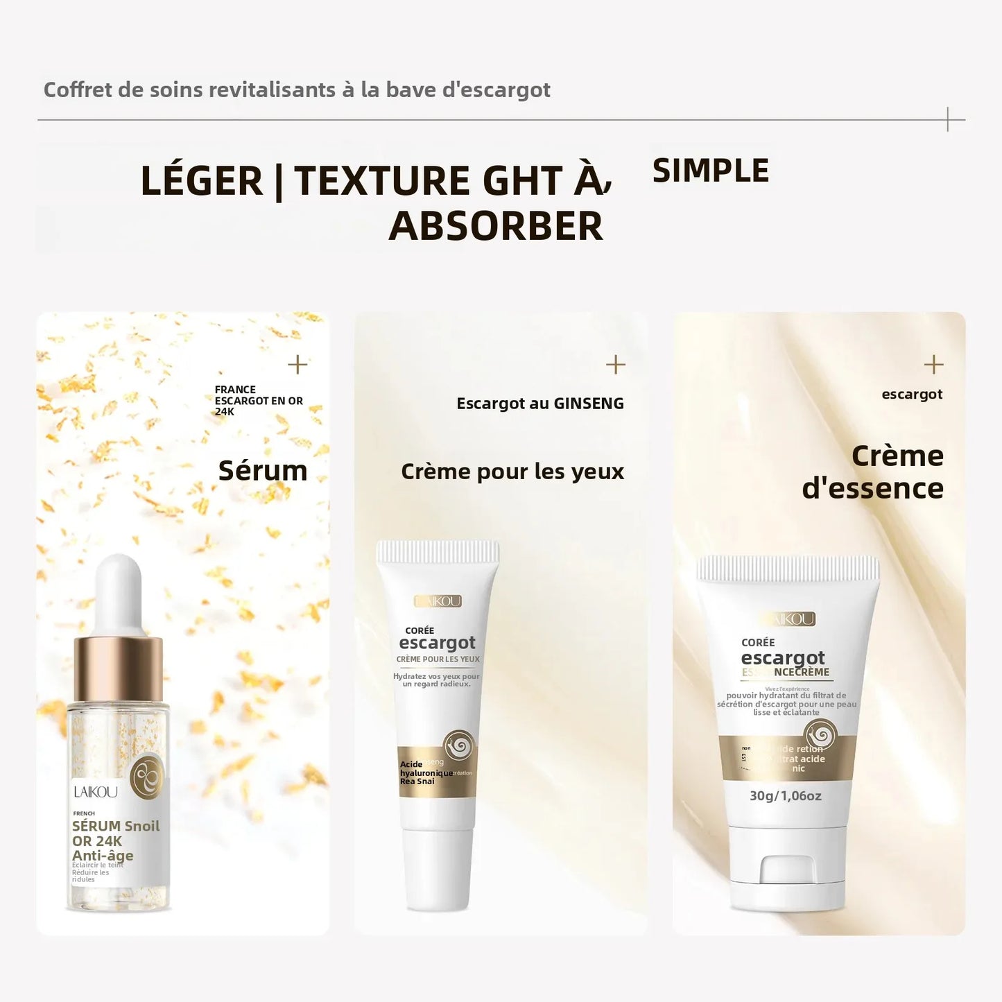 Set Luxe Sérum Or 24K Bave d'Escargot - Crème Yeux Essence Réparation Hydratant Anti-Rides Pores Lissant Soin Visage
