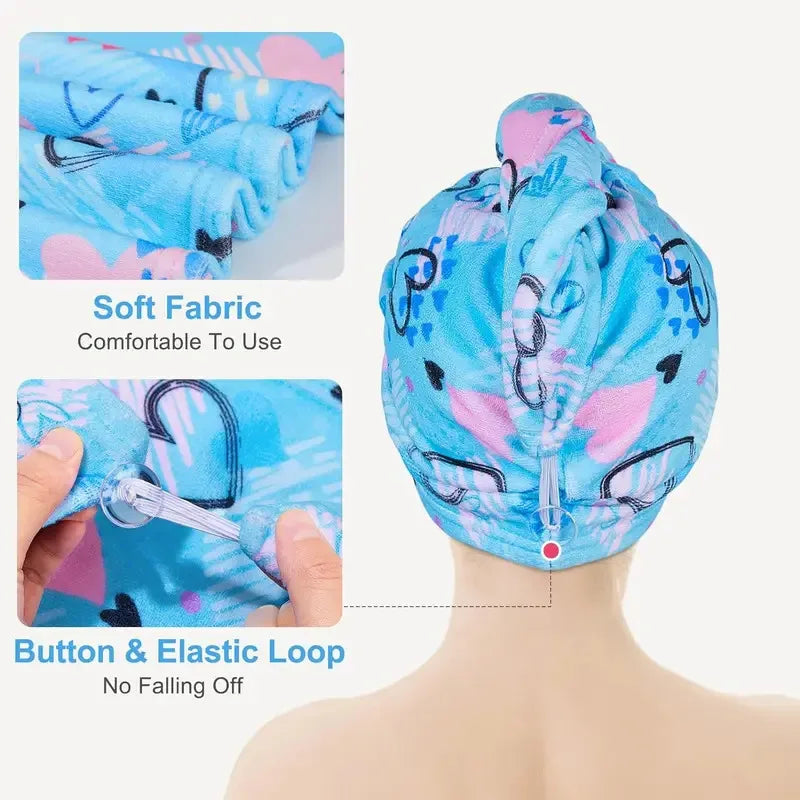 Serviette Cheveux Microfibre à Séchage Rapide - Bonnet Absorbant Imprimé Cartoon - Accessoire Salle de Bain