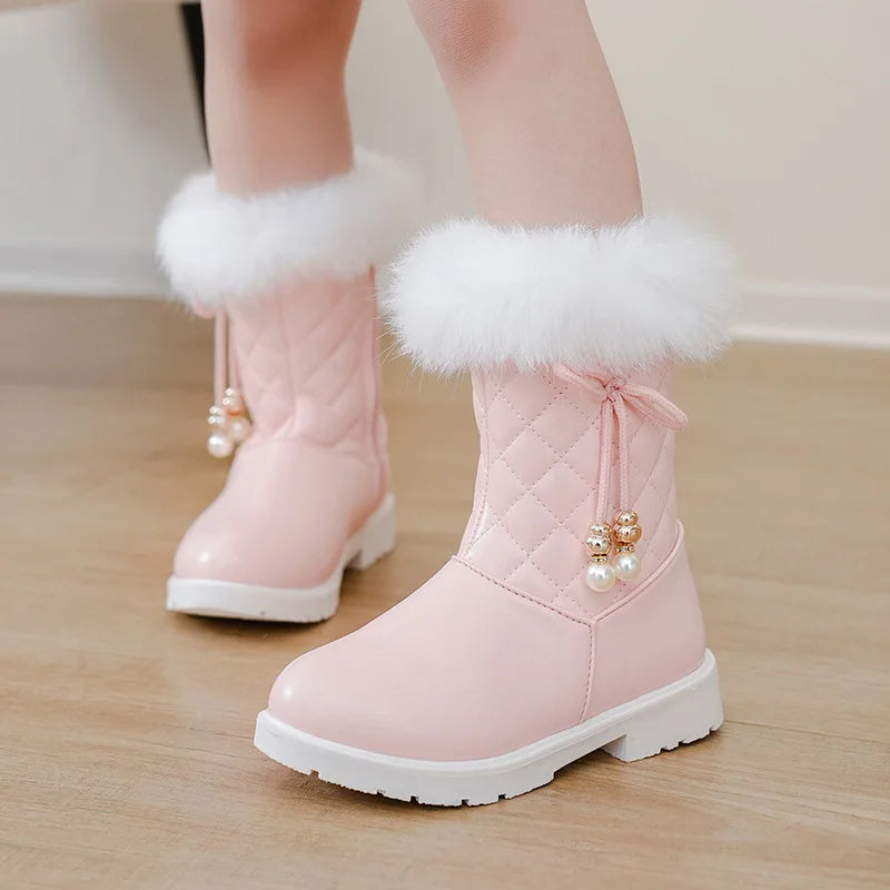 Bottes Neige Filles 2025 avec Nœud - Bottines Hiver Fourrées Imperméables Mi-Mollet