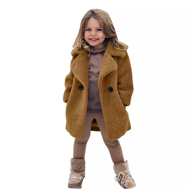 Veste Laine d'Agneau Enfant - Manteau Chaud Hiver Polaire - Boutons Simple Rangée 2-14 Ans