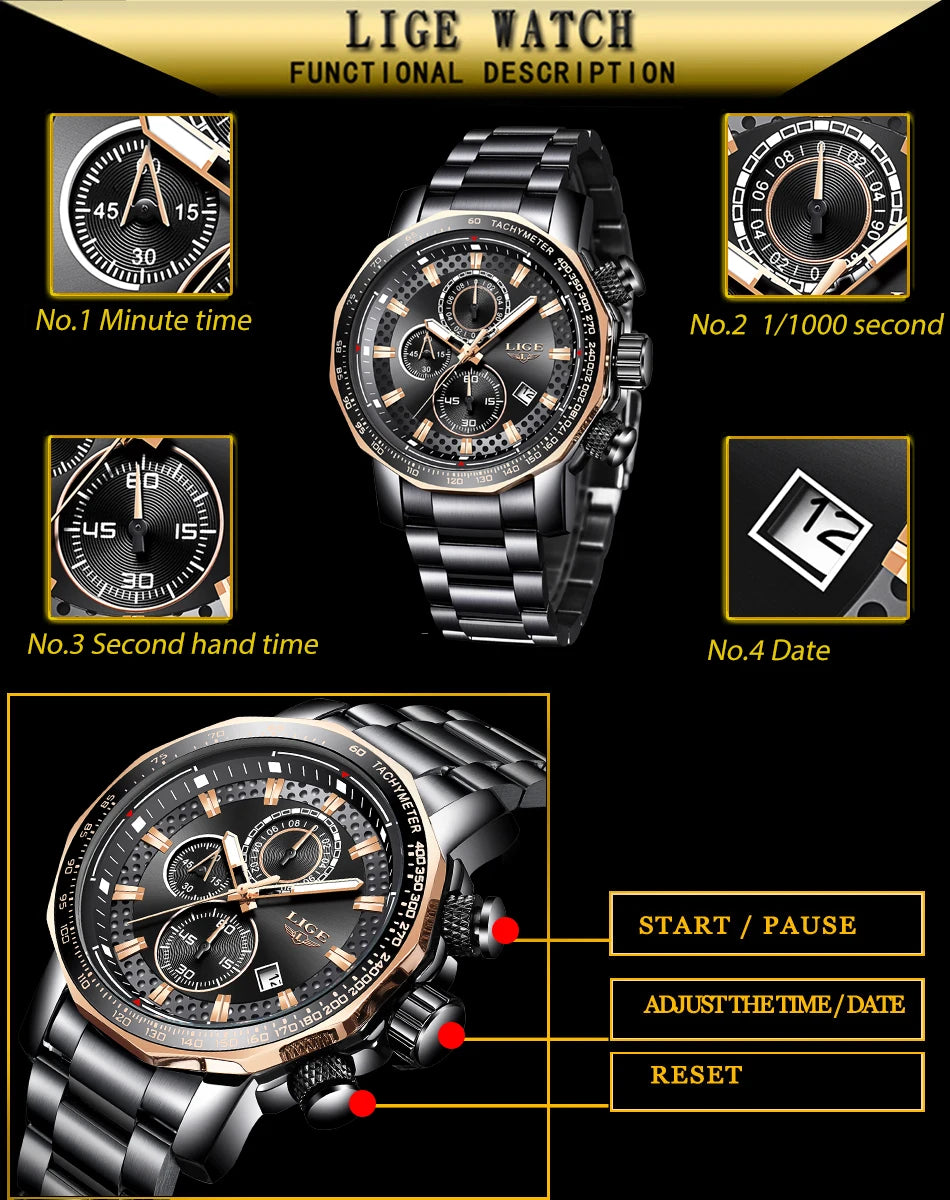 Montre Sport Homme LIGE Chronographe Or Noir - Acier Waterproof Luxury
