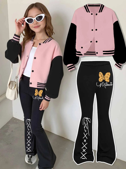 Ensemble 2 Pièces Fille Disney Minnie - Maillot Baseball + Pantalon Évasé - Imprimé Léopard