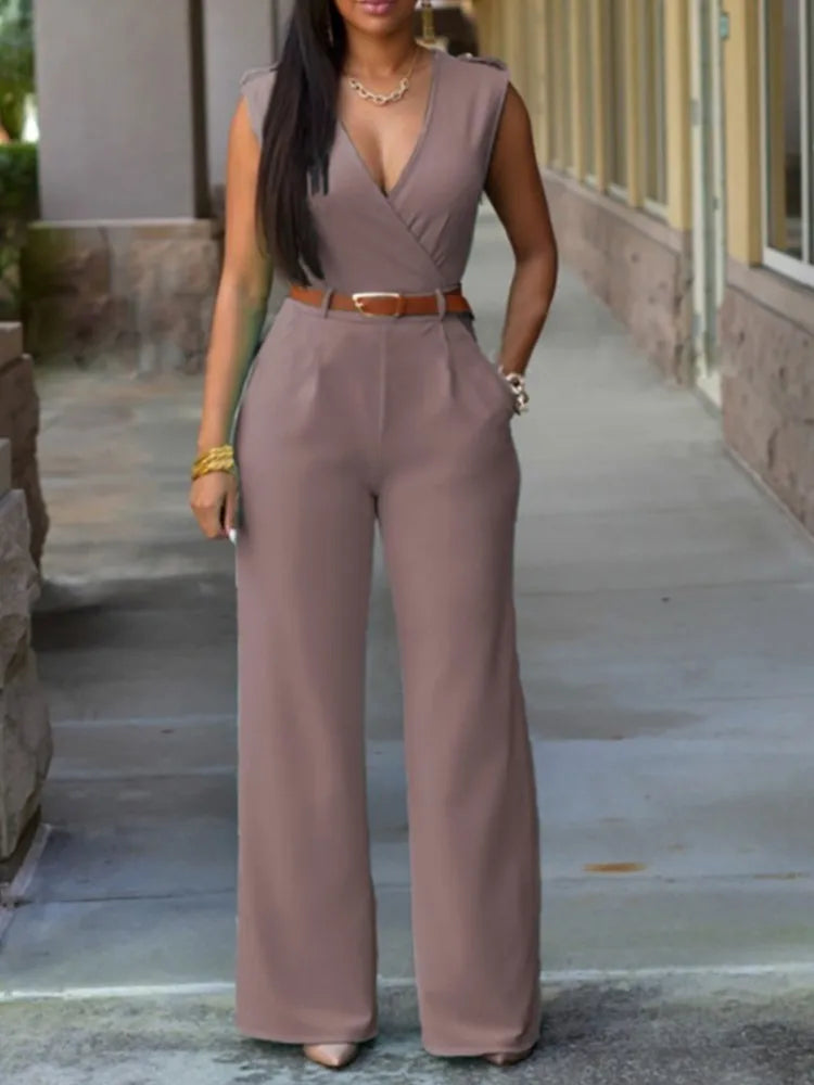 Combinaison Femme Business Formal Travail - Élégante Longue Col V Profond Sans Manches Taille Haute Wrap Streetwear