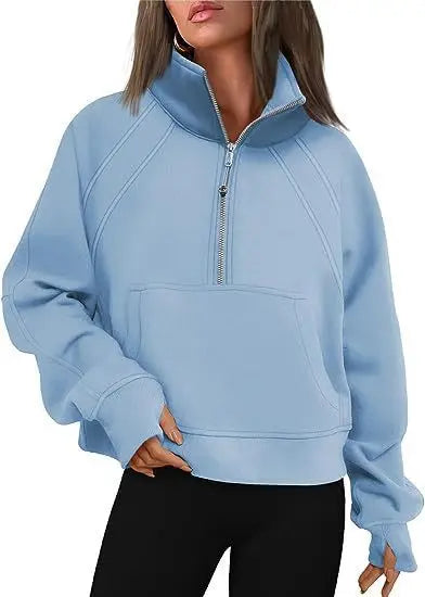 Sweat Femme Col Montant Demi-Zip - Hoodie Poche Manches Longues Loose Sportswear Streetwear Printemps Automne