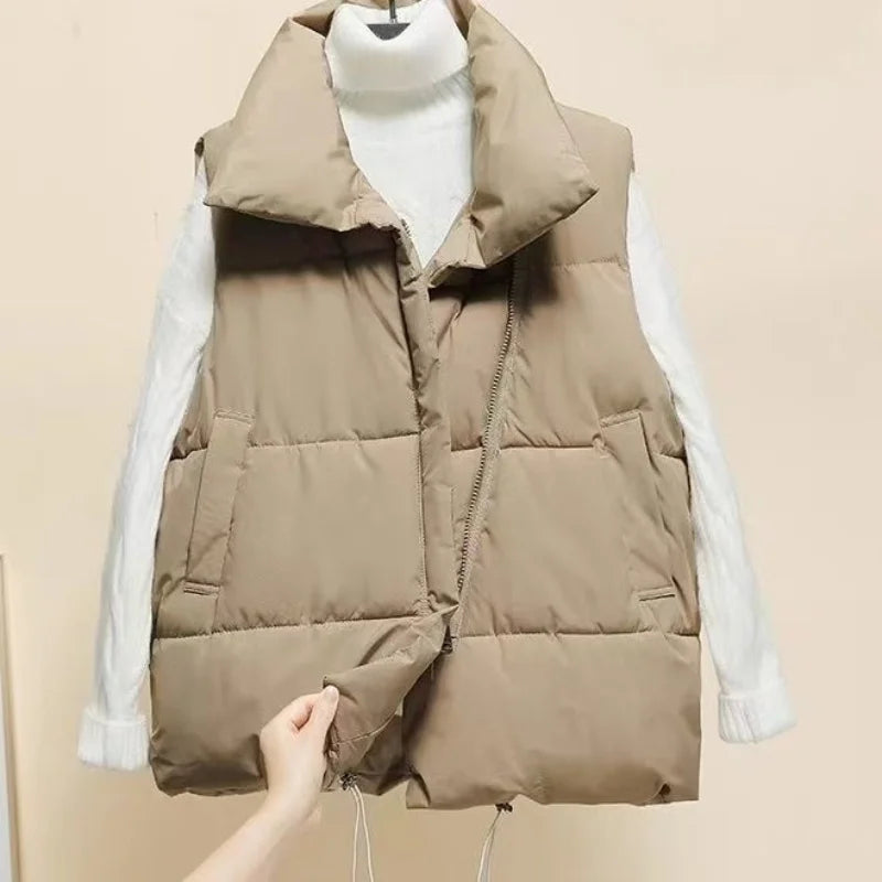 Gilet Femme Hiver Chaud Rembourré - Sans Manches Zip Fashion Loose Col Montant Couleur Unie Manteau