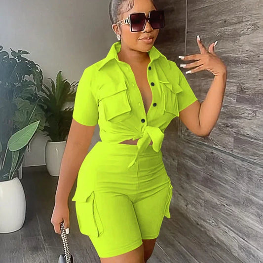 Ensemble Femme 2 Pièces Streetwear - Chemise Manches Courtes à Boutons & Short Poches Été