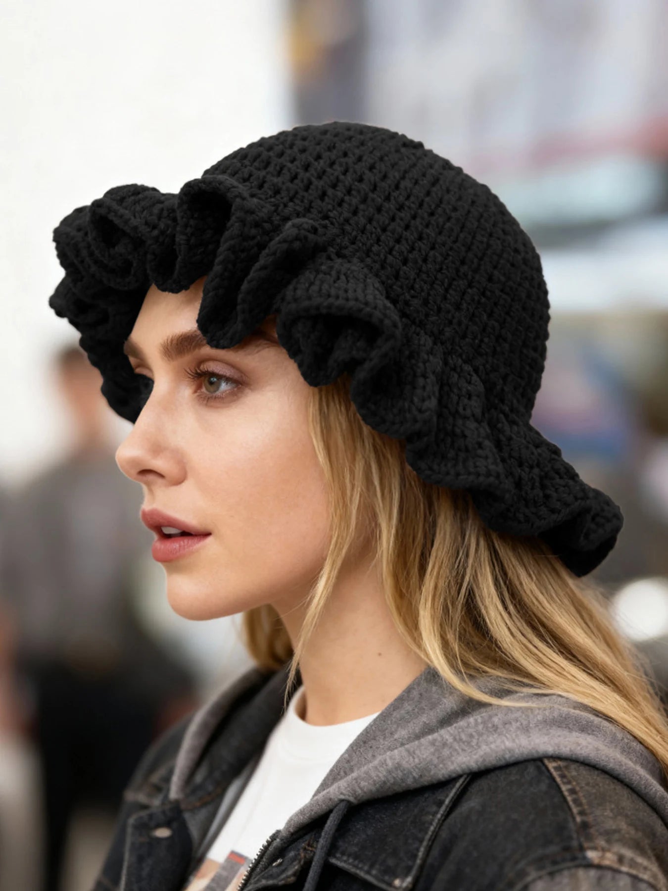 Chapeau Bob Tricoté Moelleux Femme - Bonnet Crochet Ajouré avec Volants Style Pêcheur pour Automne Hiver