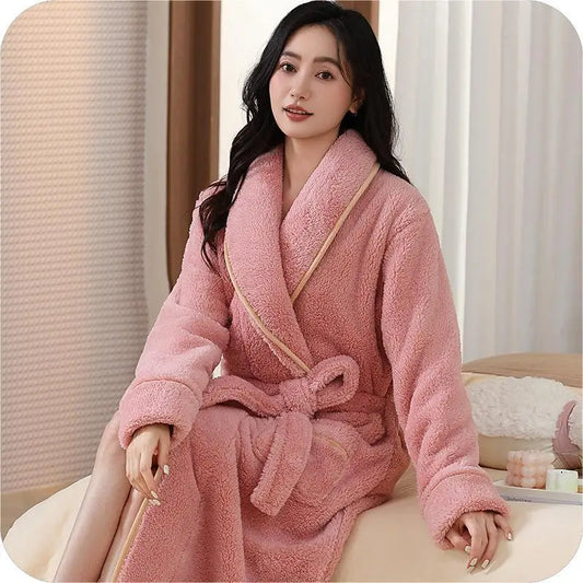 Peignoir Femme Long Polaire Corail - Robe de Chambre Épaisse Hiver Couleur Unie - Sleepwear Chaud