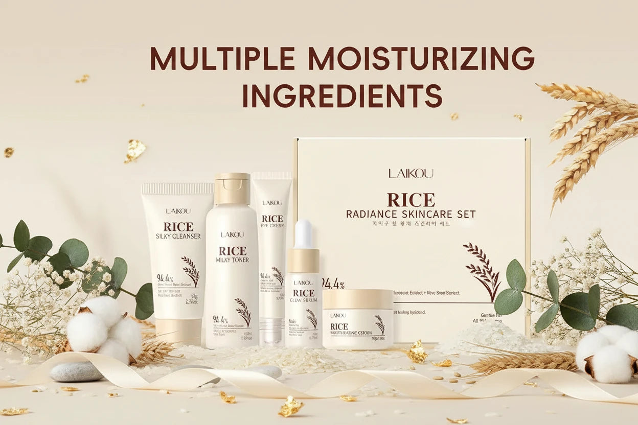 LAIKOU Set Soin Visage Riz Anti-Âge - Crème Yeux Nettoyant Essence Tonique Raffermissant Hydratant Complet