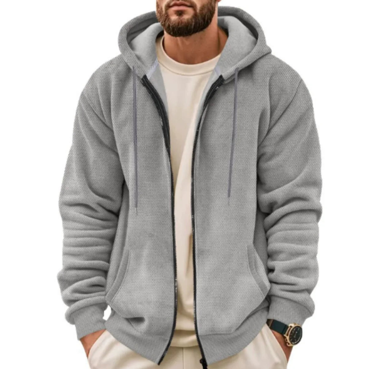 Pull Capuche Homme Zippé - Couleur Unie Loose Fit, Polyester Premium Chaud Printemps Automne