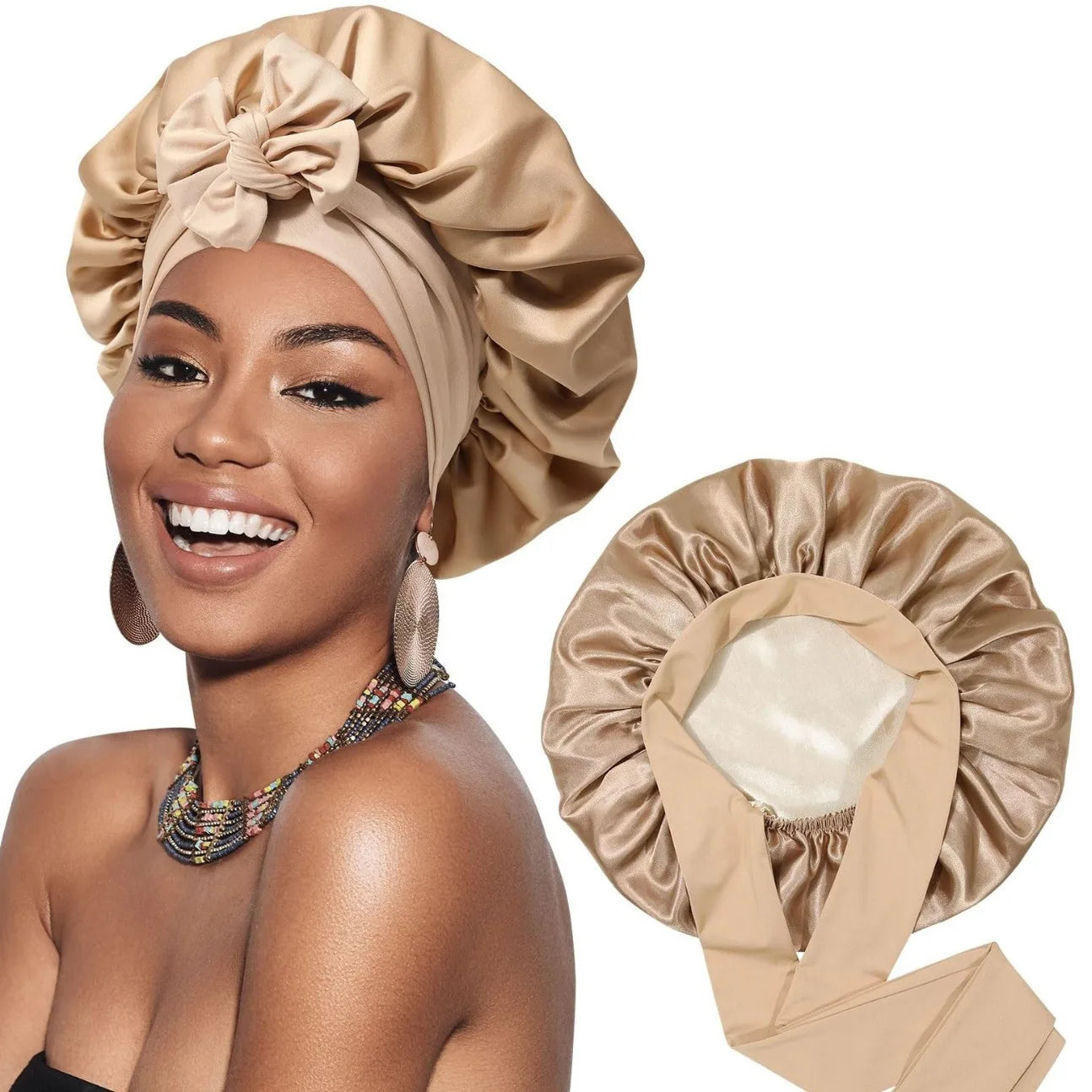 Bonnet Satin Double Couche Femme - Bandeau Large Élastique Soyeux Nuit Protection Cheveux Douche Wrap Bordures