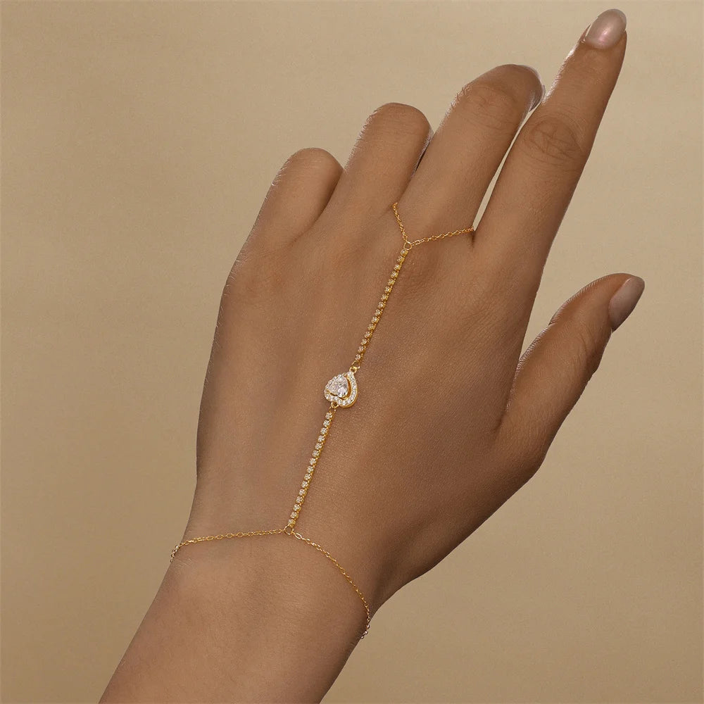 Bracelet Bague Argent 925 Cœur Pétale Zircon - Chaîne Main Femme Minimaliste Scintillant