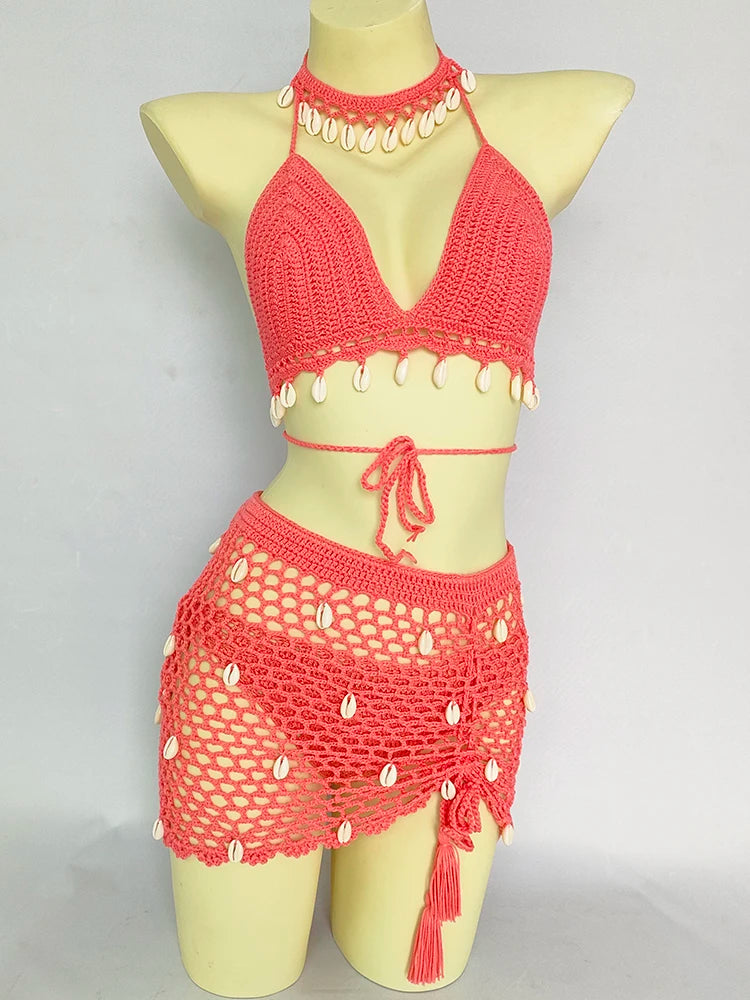 Ensemble Bikini 4 Pièces Crochet avec Coquillages - Top à Franges, Sexy,Taille Haute et Jupe