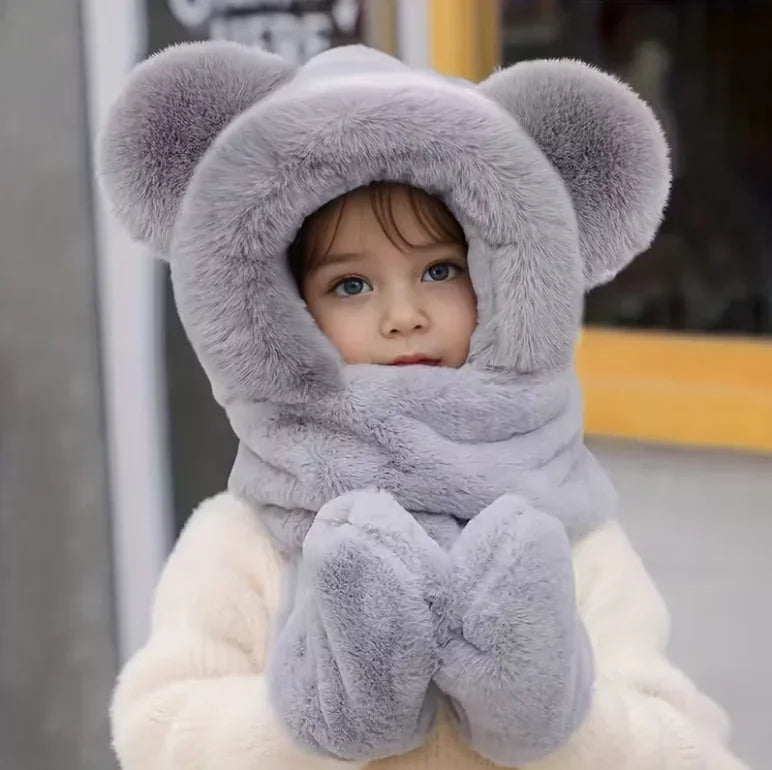 Ensemble Bonnet Écharpe Gants Enfant - Set Hiver Chaud Oreilles Ourson 3-8 Ans