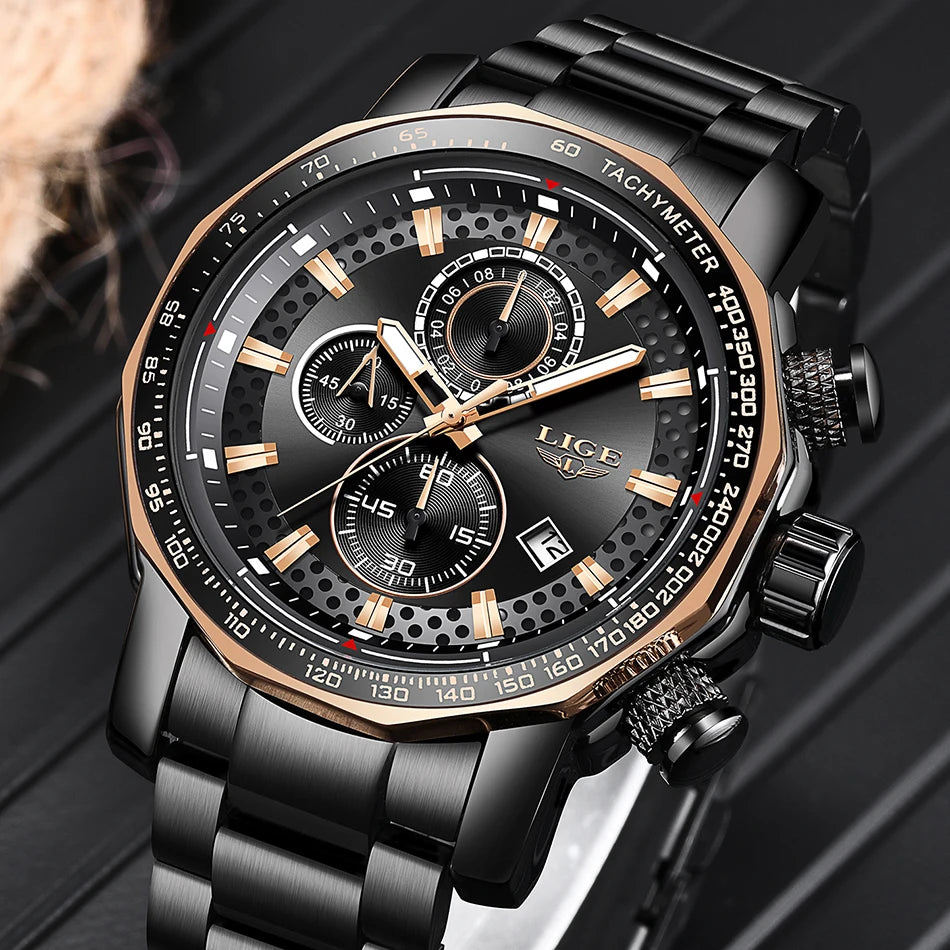 Montre Sport Homme LIGE Chronographe Or Noir - Acier Waterproof Luxury