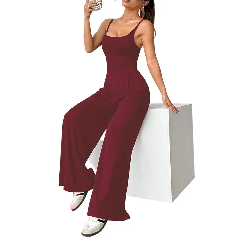 Combinaison Femme Casual Bretelles Dos Nu - Couleur Unie Sans Manches Loose Jambes Larges Simple Style