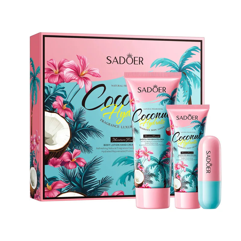 Coffret Cadeau Hydratant Coco 3 Pièces - Lotion Corps Crème Mains Baume Lèvres Nourrissant Hiver