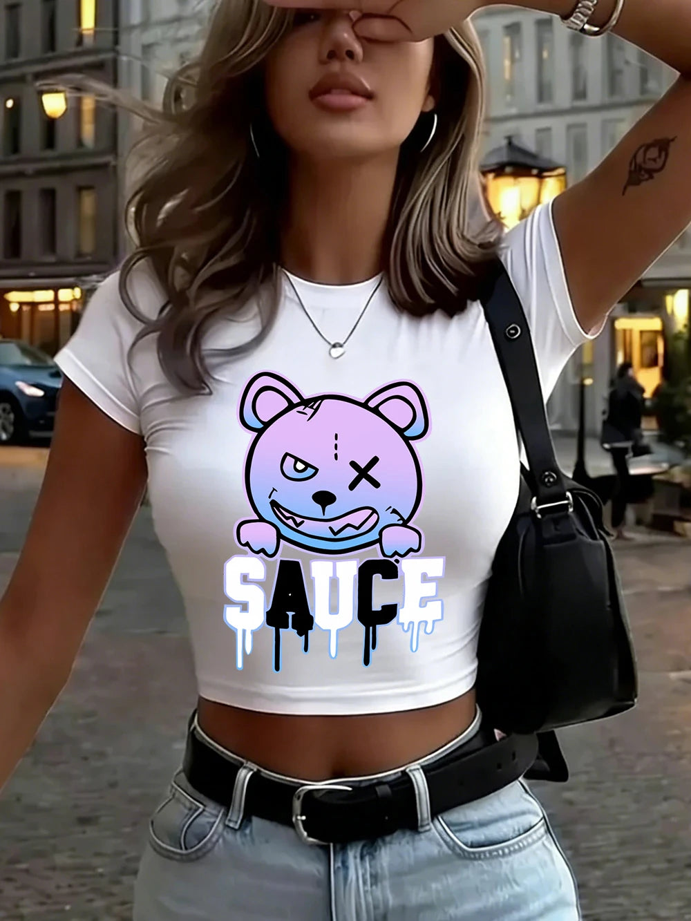 Top Crop Femme Melted Colored Cartoon Bear - T-Shirt Doux Slim Col Rond Été