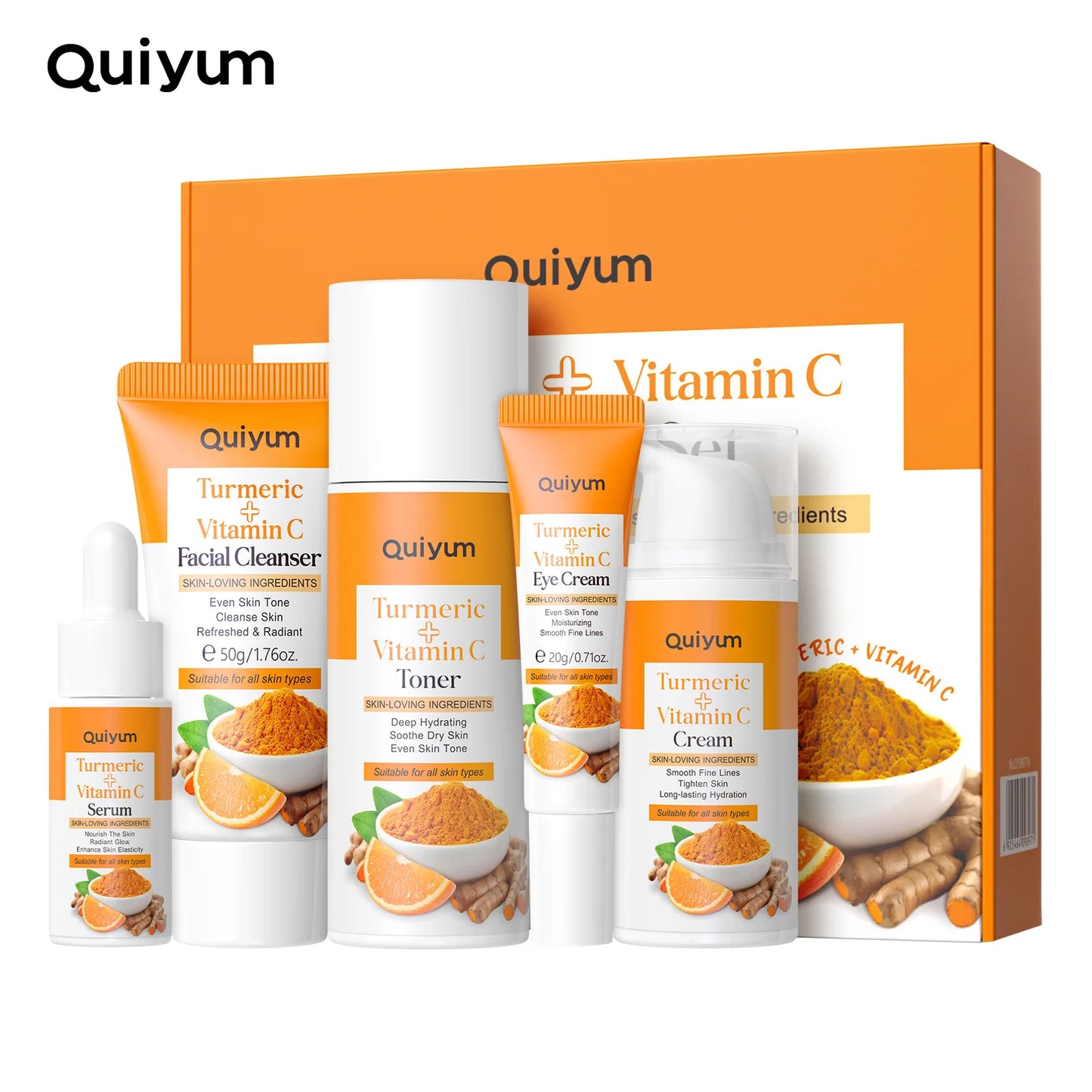 Kit Soin Visage Curcuma LAIKOU 5 Pièces - Nettoyant Tonique Sérum Crème Yeux Hydratant Anti-Âge