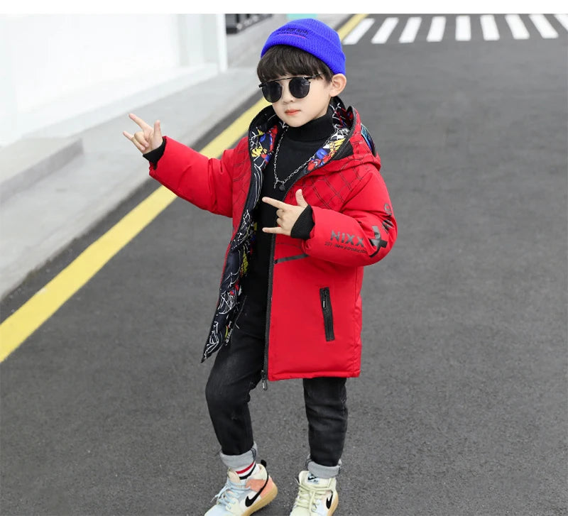 Parka Spiderman Garçon Ado - Manteau Hiver Réversible Chaud Long