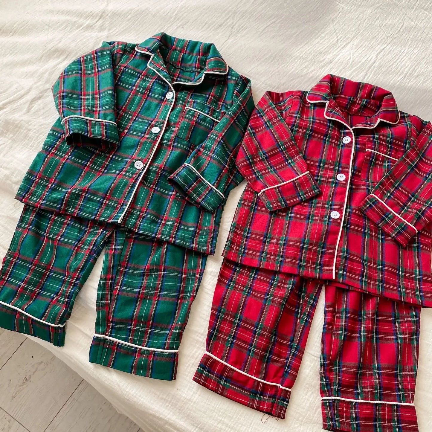 Pyjama Noël Enfant - Ensemble Coton Carreaux 2 Pièces Boutons Xmas