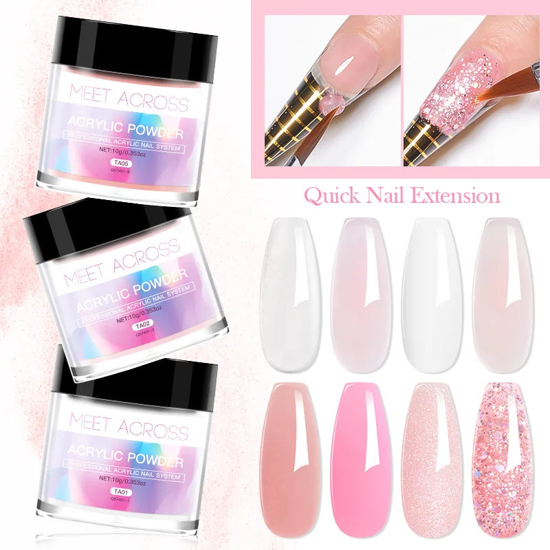 Poudre Acrylique MEET ACROSS 10g - Nude Rose Transparent Blanc Ongles Acrylique Polymère Professionnel Nail Art Extension Sans Lampe