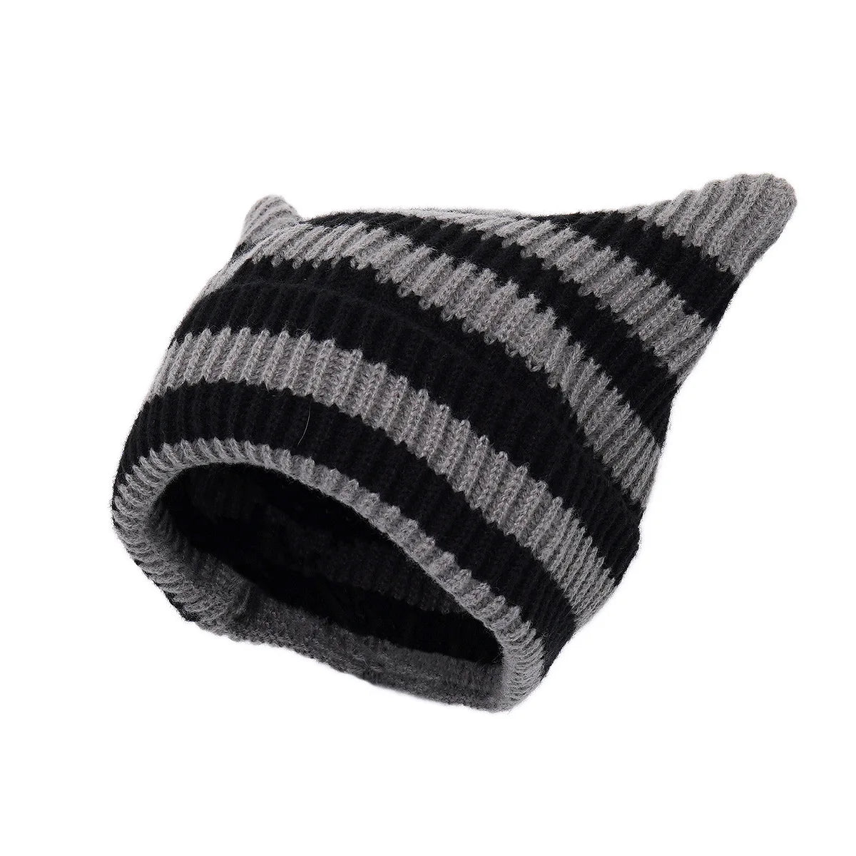 Bonnet Oreilles Chat Étoiles Rayures YK2 - Bonnet Hiver Femme Fille Petit Diable Tricoté Party