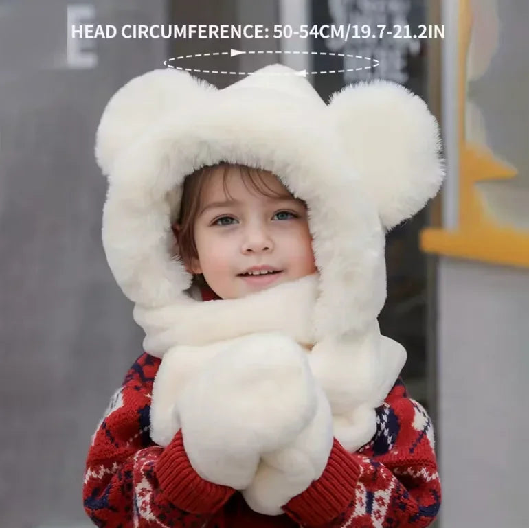Ensemble Bonnet Écharpe Gants Enfant - Set Hiver Chaud Oreilles Ourson 3-8 Ans