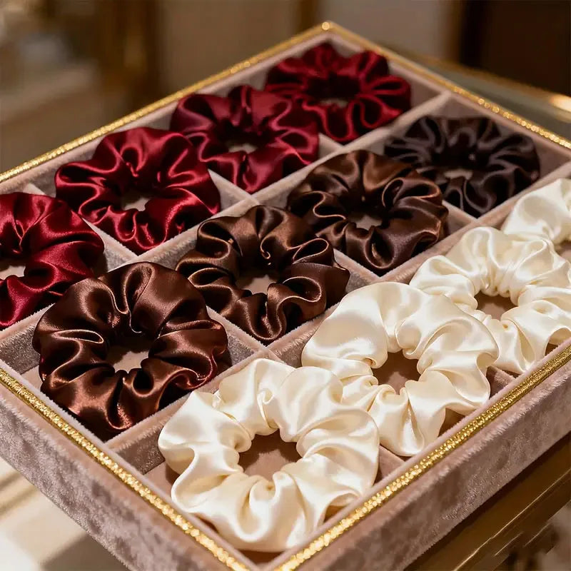 Lot 10 Chouchous Satin Femme Fille - Élastiques Cheveux Soie Bordeaux Marron Crème Élégants Mariage