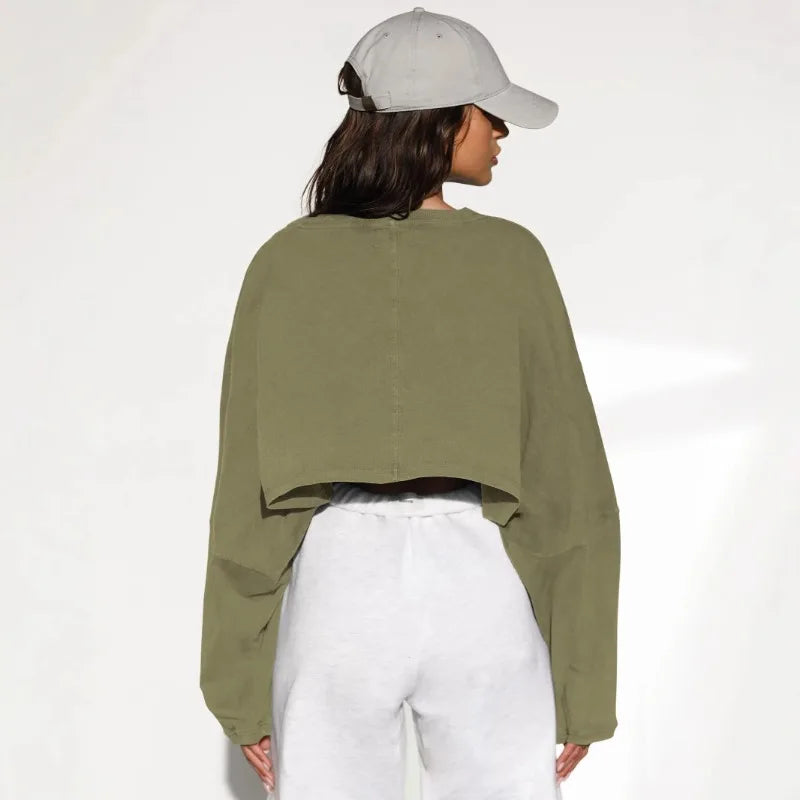 Sweat Femme Court Col Rond - Hoodie Manches Longues Tricot Sport Base Layer Automne Hiver 2025