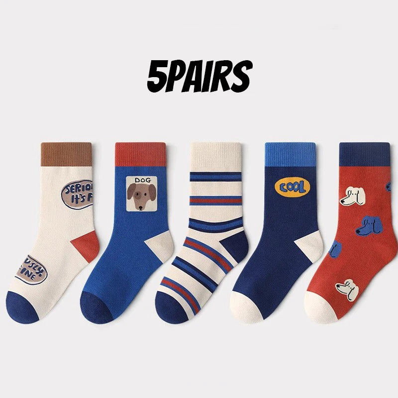 Lot 5 Paires Chaussettes Garçon Chiot Cartoon - Mi-Mollet Coton Automne Hiver Étudiants