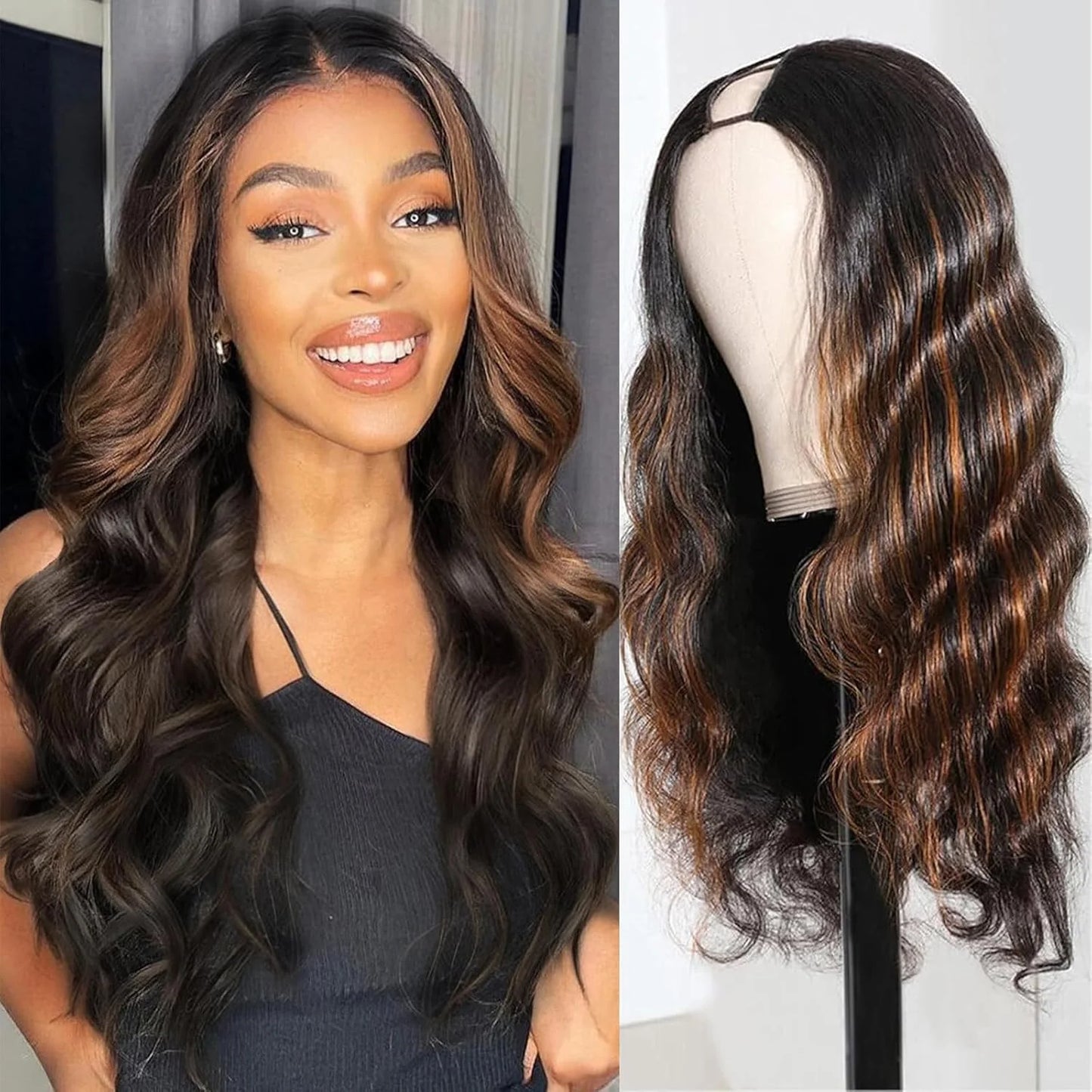 Perruque V Part Body Wave 1B/30 Highlight - Cheveux Humains 220% Densité - Clip Sans Couture