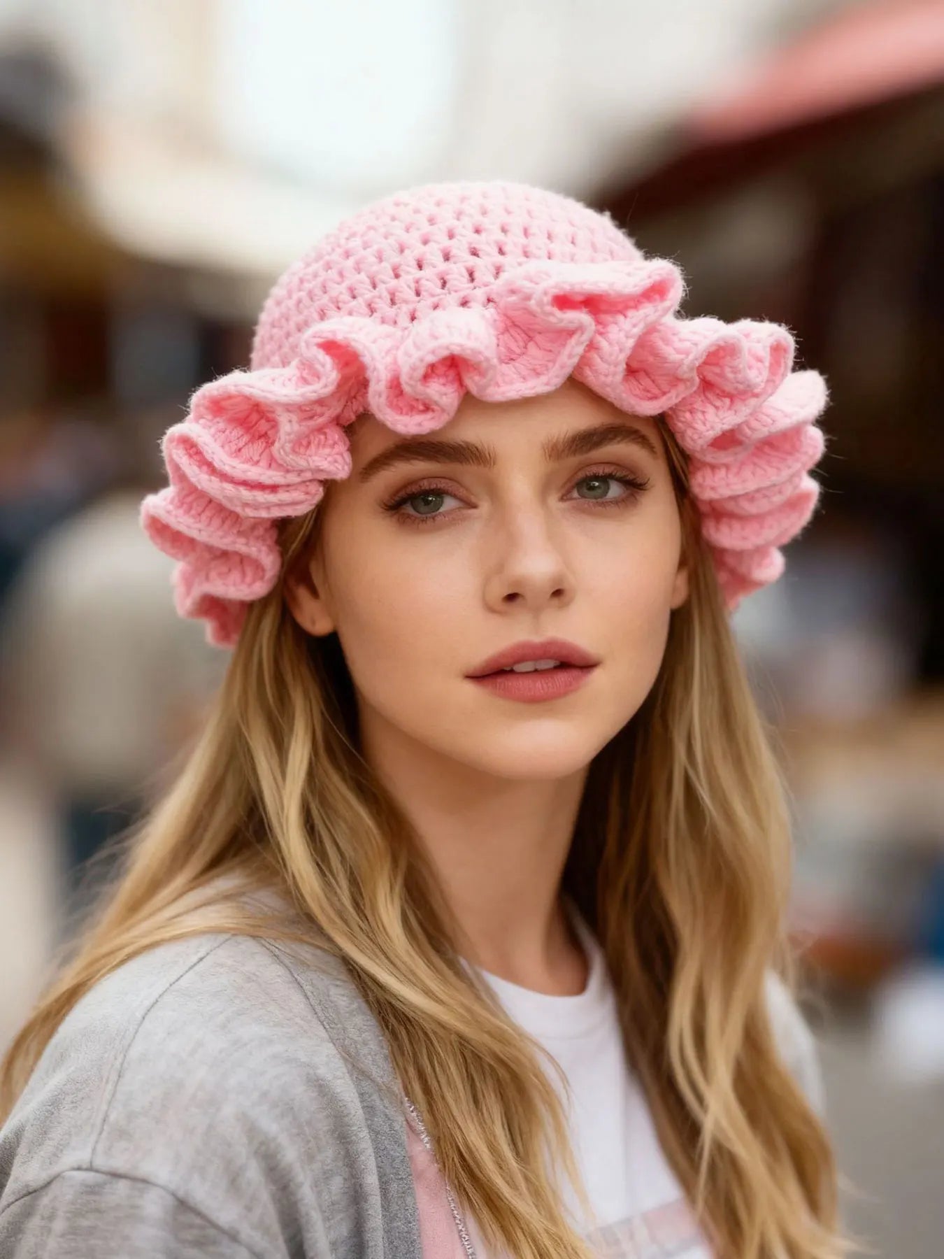 Chapeau Bob Tricoté Moelleux Femme - Bonnet Crochet Ajouré avec Volants Style Pêcheur pour Automne Hiver