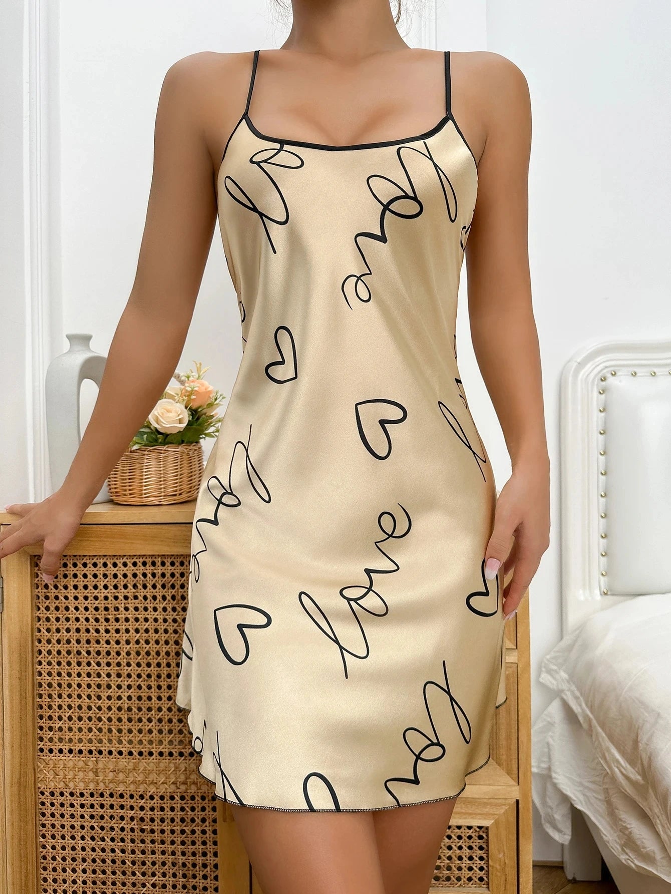 Nuisette Imprimé Cœur Lettres Bretelles Spaghetti - Col Rond Casual Sleep Dress Pyjama Femme
