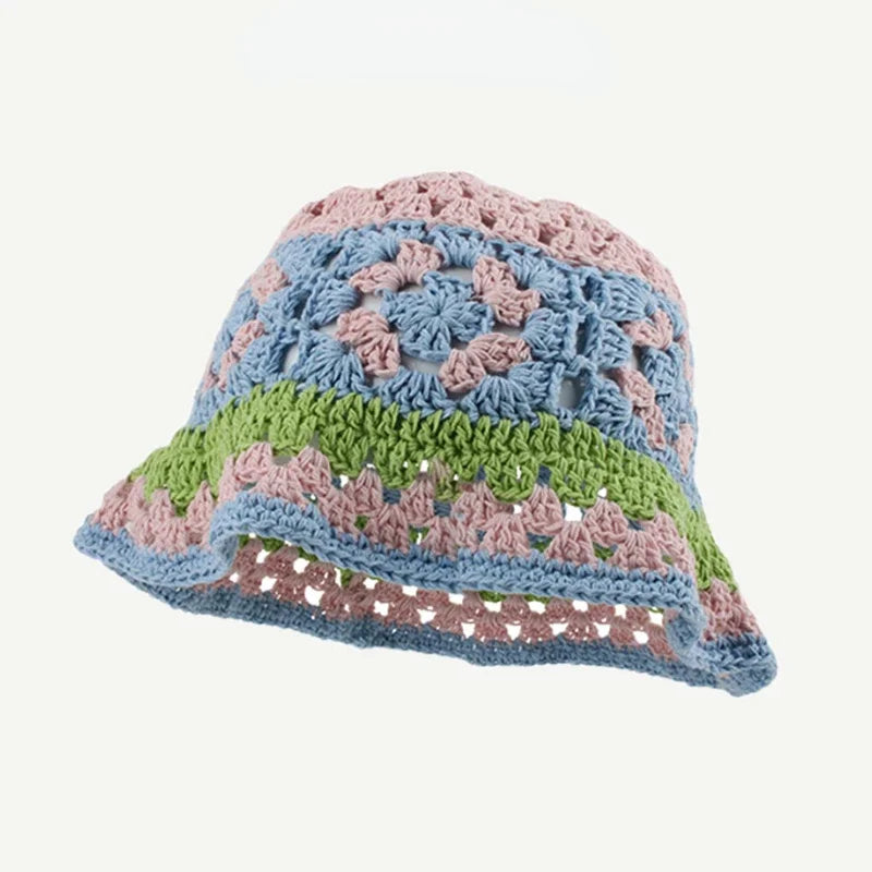 Chapeau Bob Crochet Coréen Fait Main avec Fleurs - Bonnet Tricoté Y2K Femme pour Automne Hiver