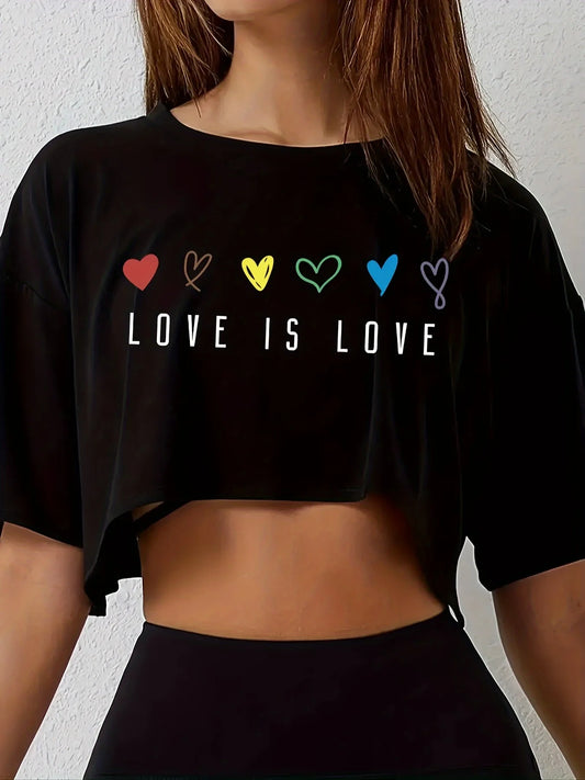 Crop Top Pride Coloré Cœur - T-Shirt Court Casual Loose Fit Respirant Stretch Polyester Femme