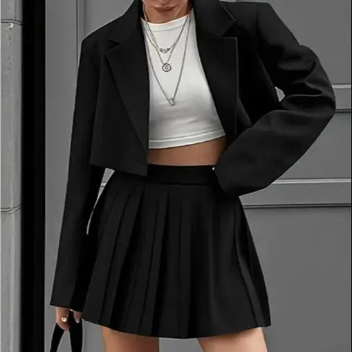 Ensemble Femme 2 Pièces Blazer Chic - Veste Courte Crop & Jupe Mini Plissée Streetwear