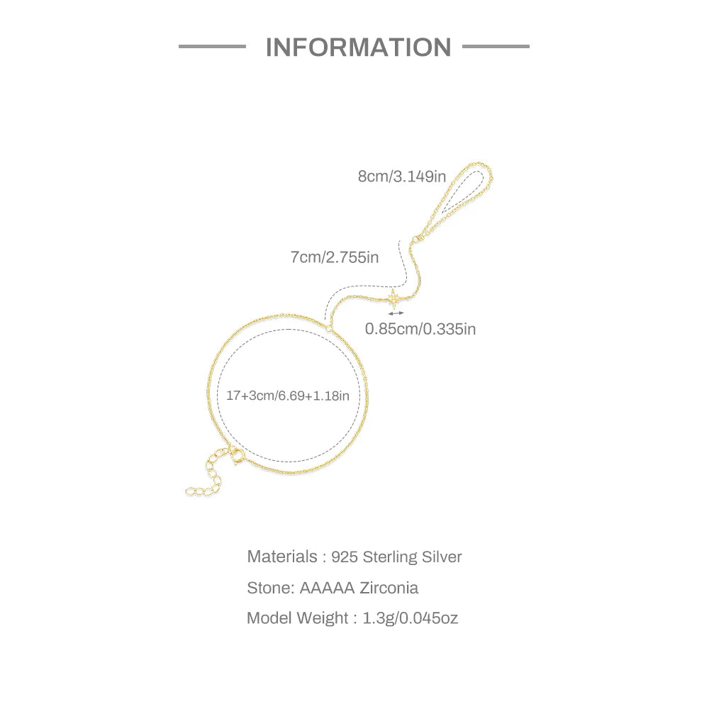 Bracelet Bague Argent 925 Cœur Pétale Zircon - Chaîne Main Femme Minimaliste Scintillant