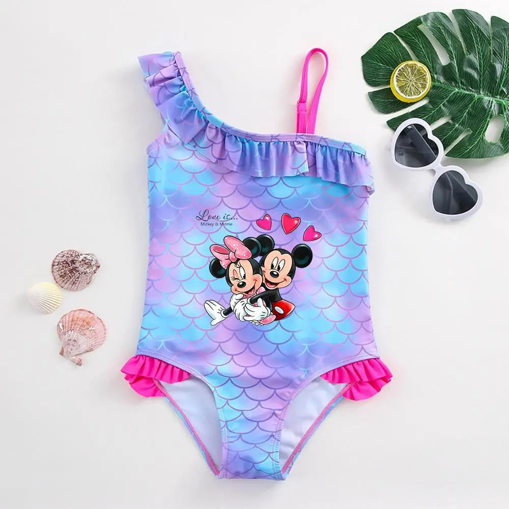 Maillot de Bain Bébé Fille Mickey Minnie Sirène - Une Pièce Écailles Poisson Plage