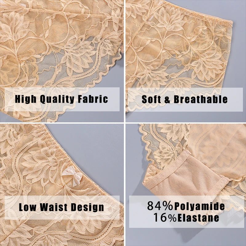 Lot 4 Culottes Femme Dentelle Sexy - String Taille Basse Broderie Florale Respirant Confort